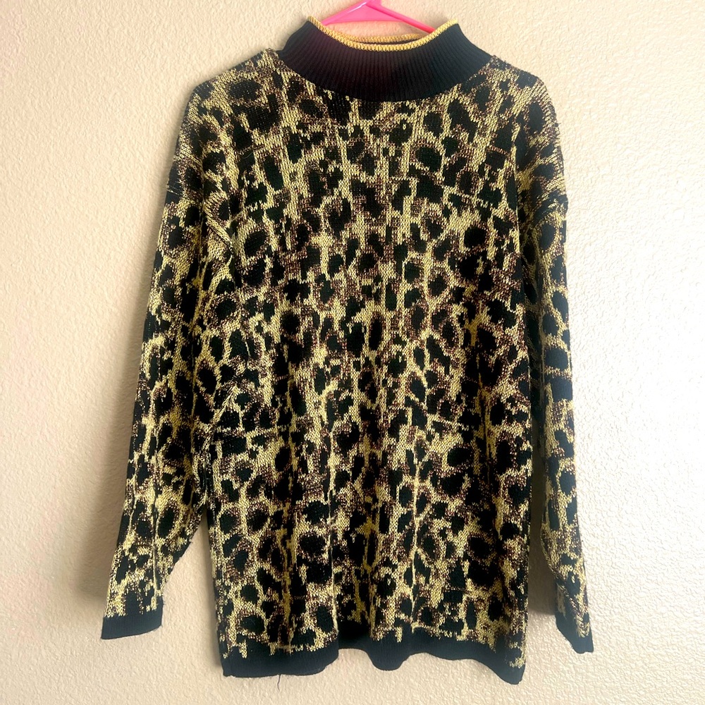 Vintage Nutcracker Animal Print Leopard Metallic Gold Shimmer High Neck Sweater